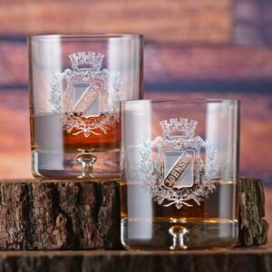 Fivetownsgift Engraved Family Crest Crystal Whiskey Glass Set